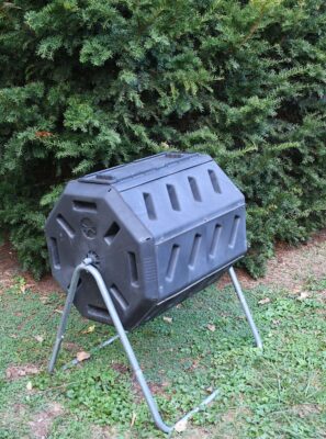 Our compost container makes it easy to churn compost and keep animals out of it.